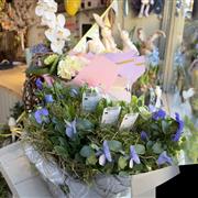 White hyicinths with viola in a large ceramic pot
